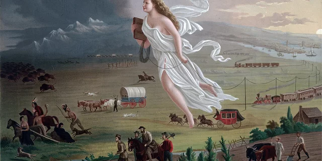 Columbia, a white woman in white robes personifying the United States, leads Euro-American settlers across the plains as Indigenous people and animals flee the onslaught.