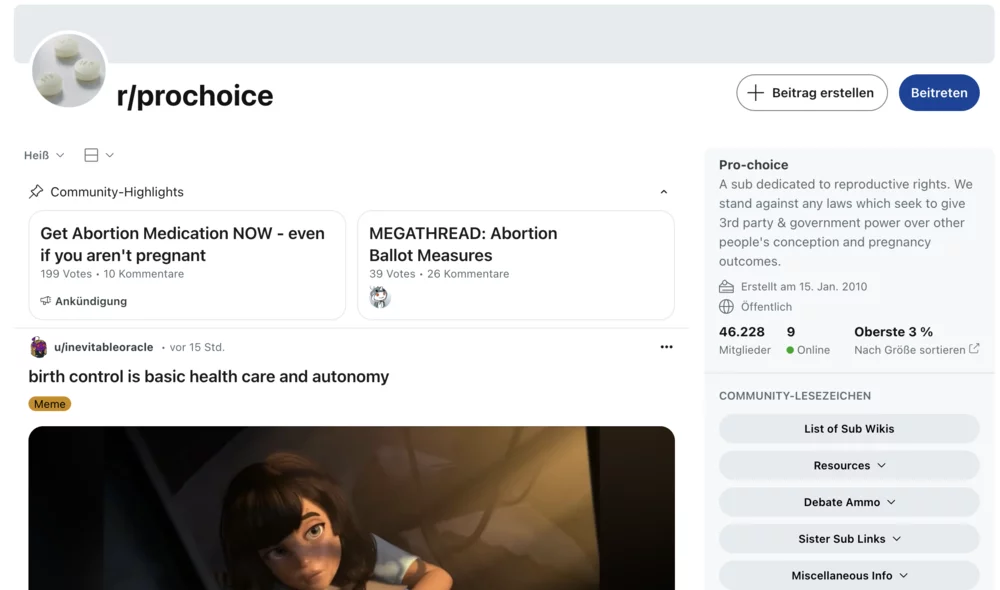 The r/prochoice subreddit on Reddit, November 2024