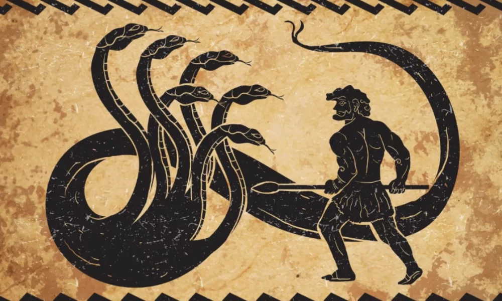 Drawing of Hercules fighting the Hydra. 