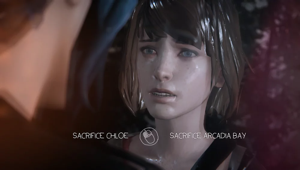 The choice screen in Life is Strange, prompting the player to choose to Sacrifice Chloe or Sacrifice Arcadia Bay (Max's hometowm)