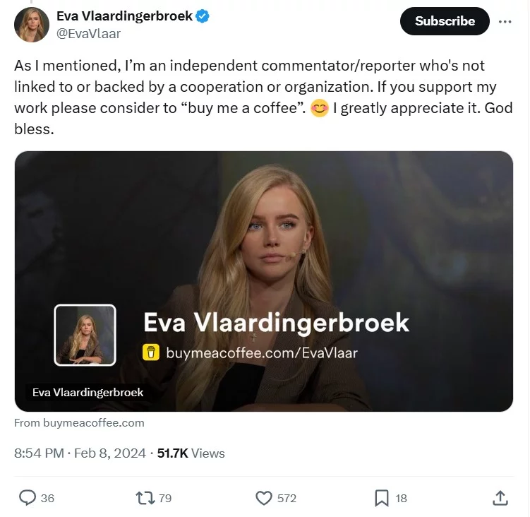 Screenshot of Eva Vlaardingerbroek's reply to a post on X. 