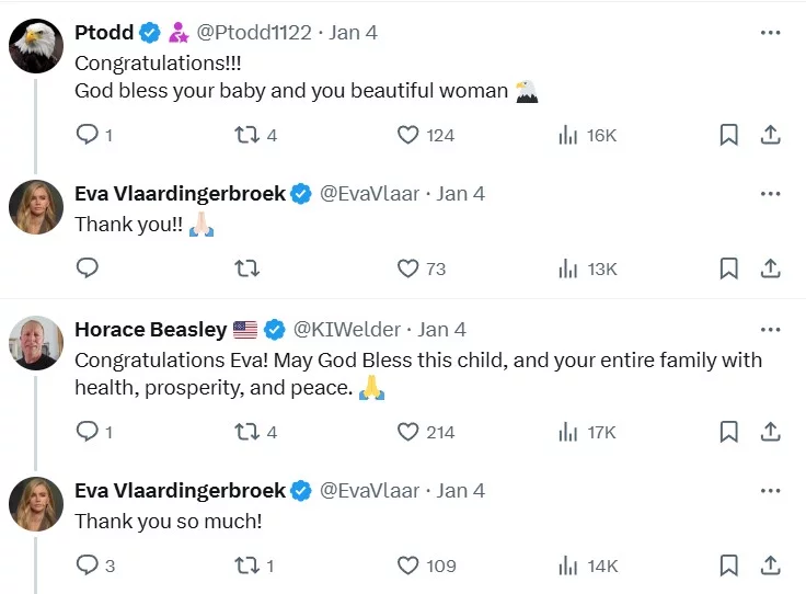 Screenshot of replies to Eva Vlaardingerbroek's post on X. 