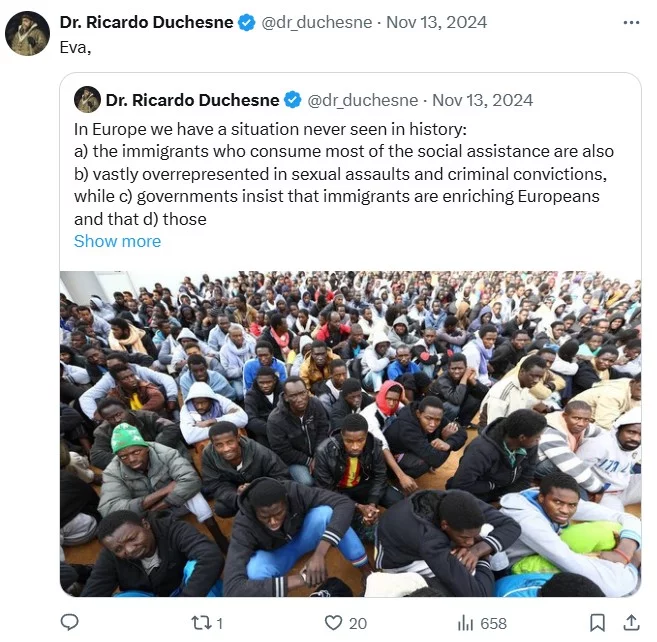 Figure 3. Screenshot of a comment from a verified far-right account below Eva Vlaardingerbroek's post on X. 