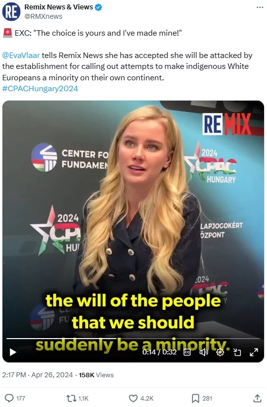 Screenshot of Remix News & Views' X post with an excerpt from an interview with Eva Vlaardingerbroek. 