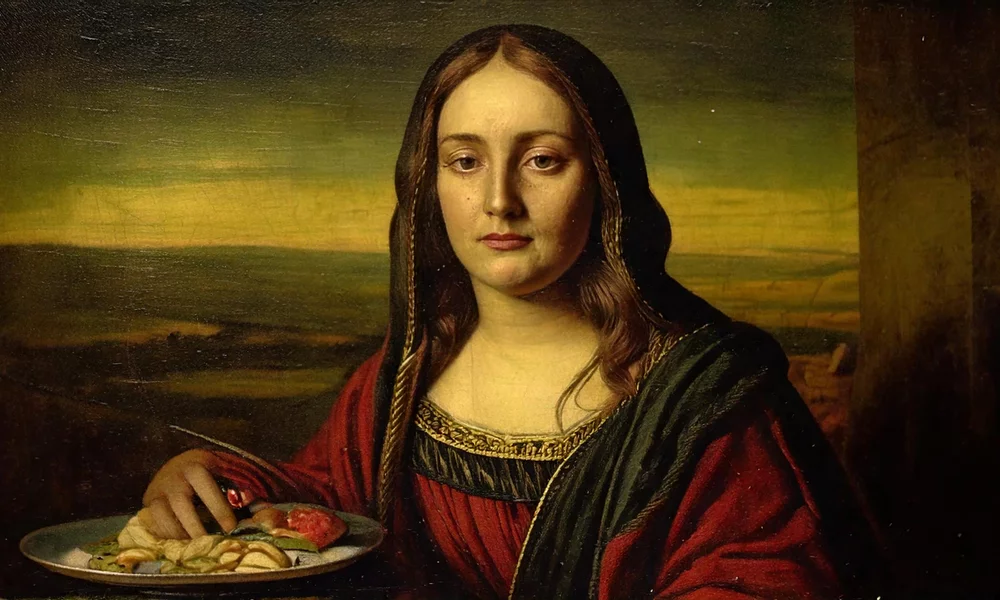 Image of a bored Mona Lisa during dinner, generated by Adobe Firefly