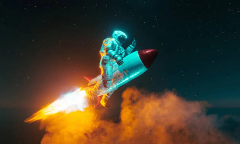 Astronaut Ventures into Space on a Daring Rocket Ride - Stockbeeld