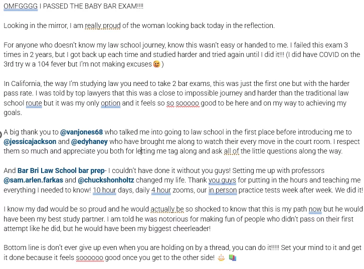 Kim Kardashian's Instagram post's text announcing passing the baby-bar exams