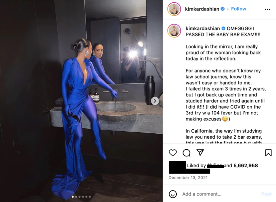 Kim Kardashian's Instagram post announcing passing the baby-bar exams