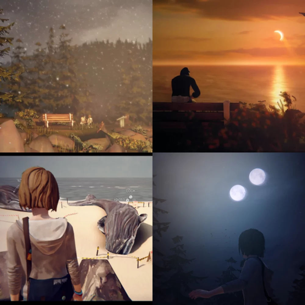 Four screenshots from the game of the anomalies caused by the storm: snow, eclipse, beached whales, and two moons
