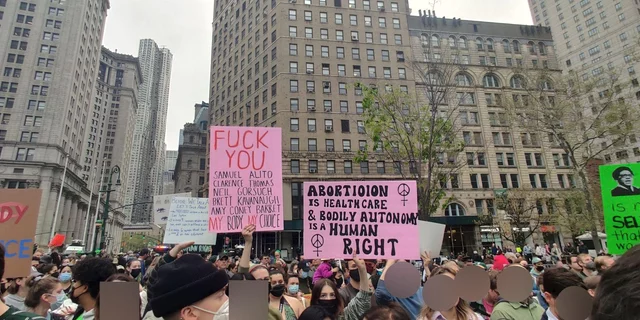 Pro-abortion rights protesters in Foley Square following the leak of a draft Supreme Court opinion that would overturn Roe v. Wade.
