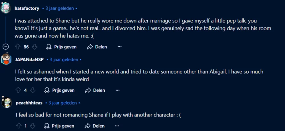 Reddit comments about attachment towards certain characters