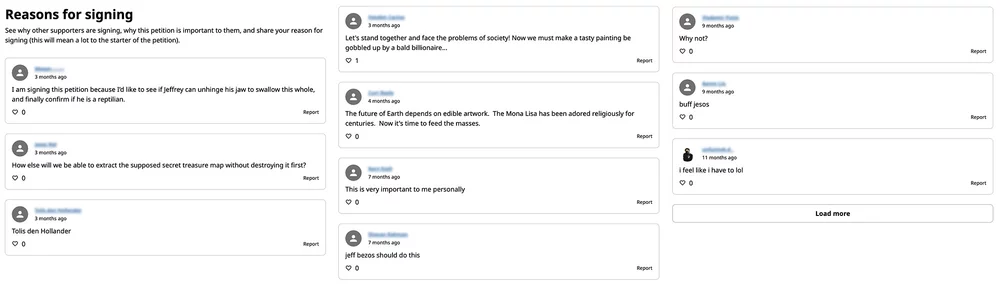 A screenshot of the ten most recent reasons for signing the petition