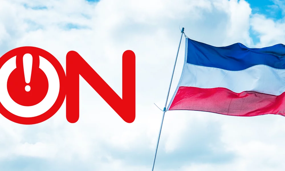 The logo of Ongehoord Nederland, in the background an upside-down Dutch flag