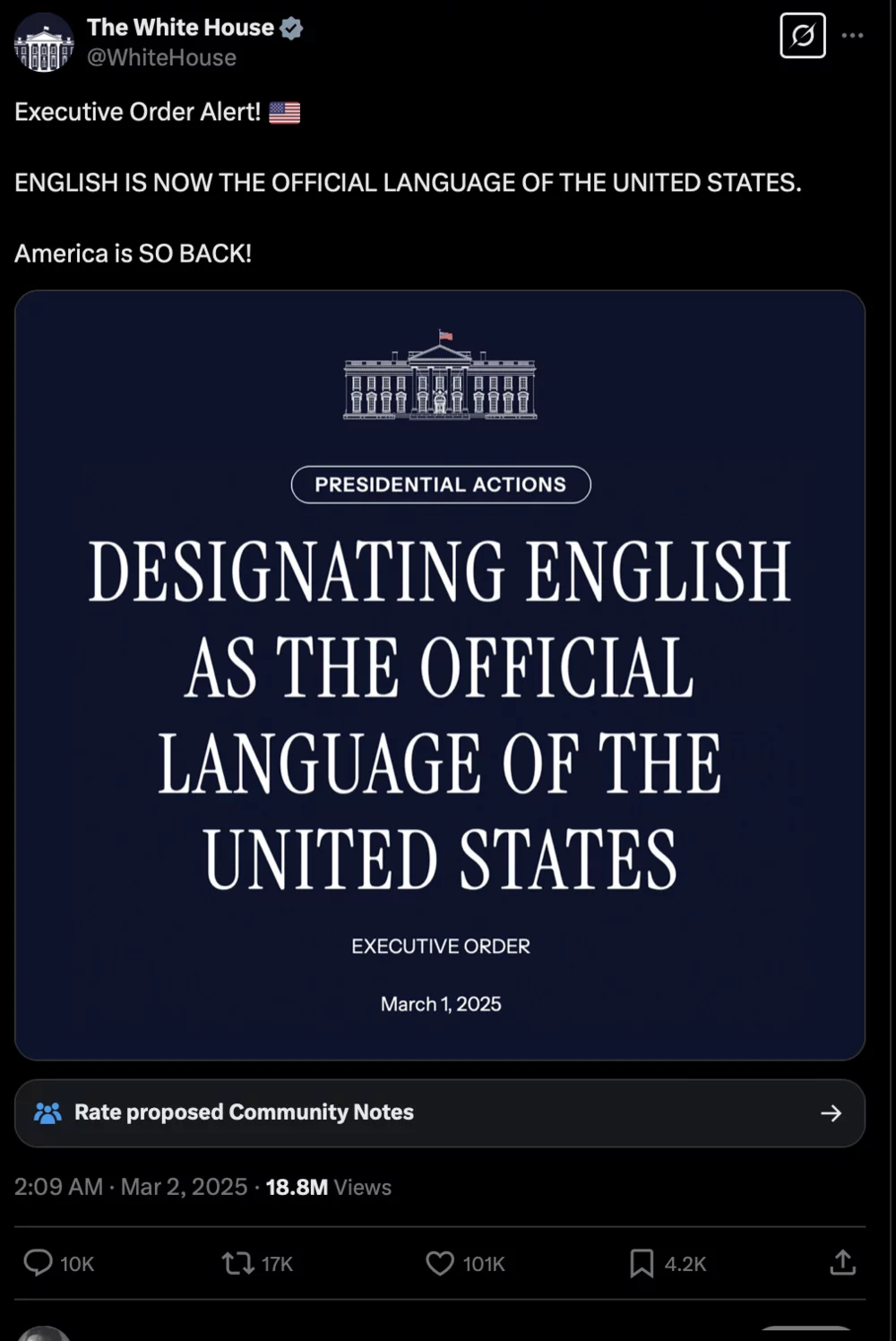 English as official language - White House Tweet