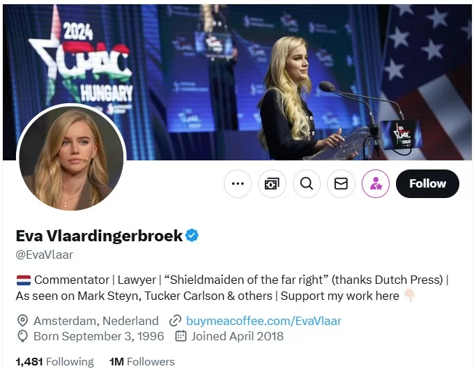 Screenshot of Eva Vlaardingerbroek's profile on X. 