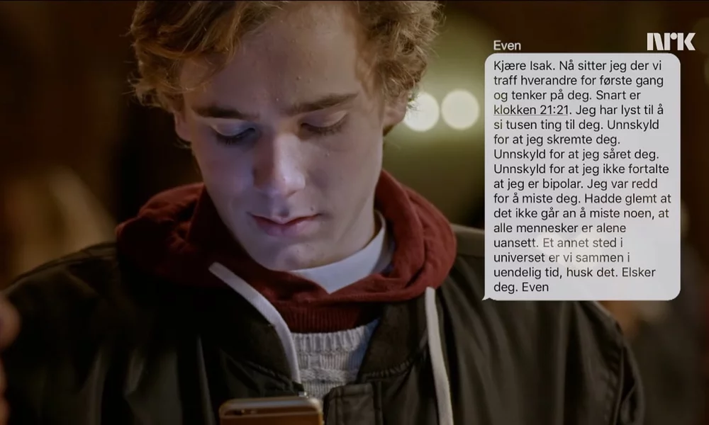 Isak reads a text message by Even in Season 3 of SKAM.