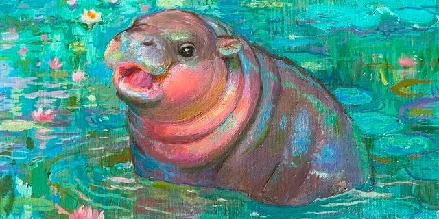 Oil painting of Moo Deng the baby hippo sitting in water surrounded by waterlillies. 