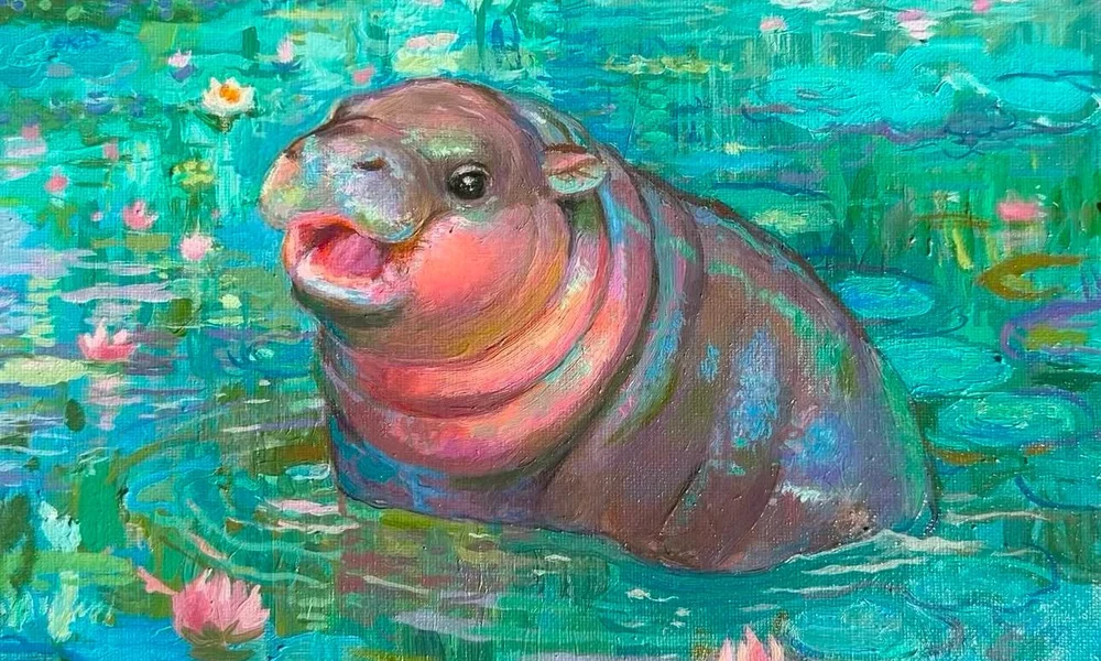 Oil painting of Moo Deng the baby hippo sitting in water surrounded by waterlillies. 