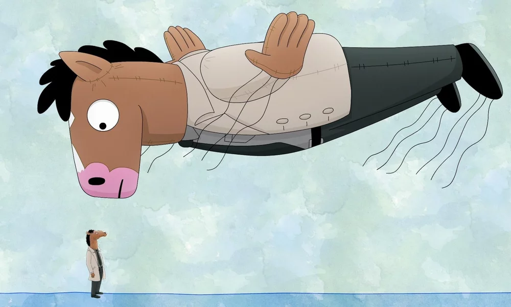 Pictured is BoJack looking at his inflated mascot.